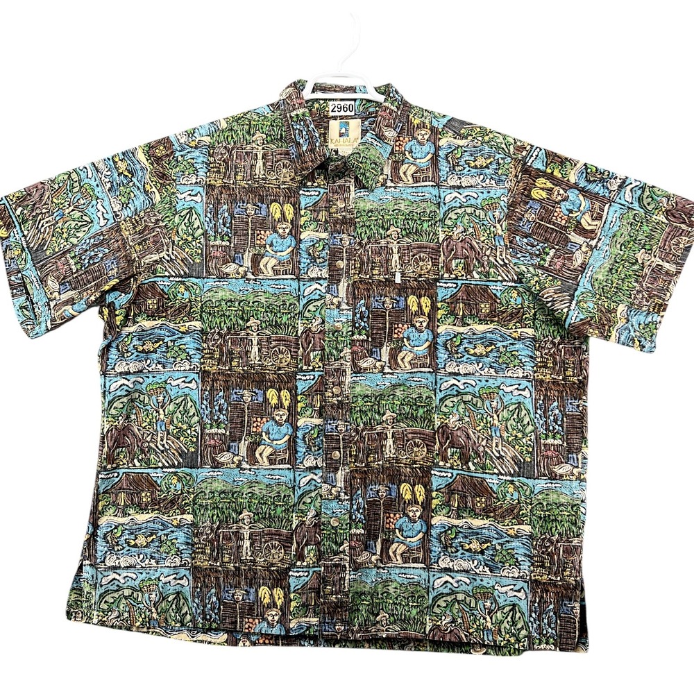 Kahala Hawaiian Shirt Mens XXXL Blue Cotton Block Print Aloha Handcrafted Hawaii